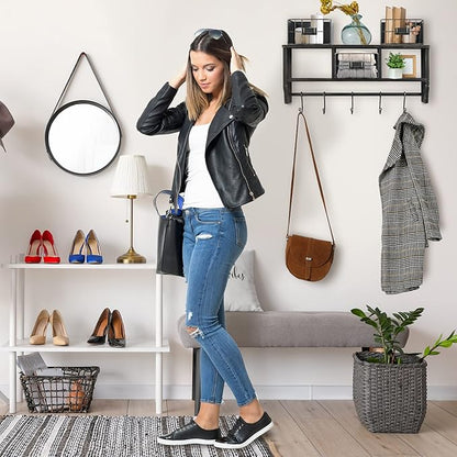 HBCY Creations Wall Mounted Shelf with Coat Hooks and Baskets, Solid Wood Entryway Organizer Wall Shelf with Hooks - Hang Coats, Keys, Rustic Blackwash 24" Wide