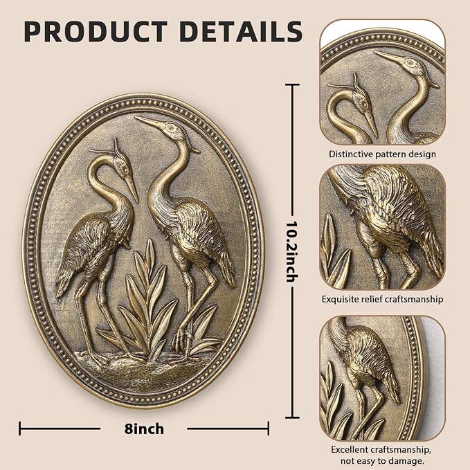 Vintage Crane Wall Sculpture, Antique Wall Decor, Crane Wall Art, Hand Painted Wall Decoration with Embossed Couple Birds Design, Heron Wall Art, Vintage Wall Decor for Living Room Bedroom Dining Room Hallway, Housewarming Gifts