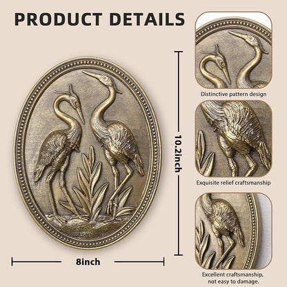 Vintage Crane Wall Sculpture, Antique Wall Decor, Crane Wall Art, Hand Painted Wall Decoration with Embossed Couple Birds Design, Heron Wall Art, Vintage Wall Decor for Living Room Bedroom Dining Room Hallway, Housewarming Gifts