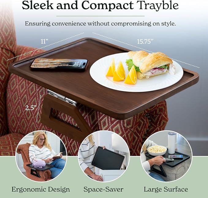 Shamrock Home Bamboo Trayble Couch Arm Table, Clip On Tray Sofa Table for Couches. Sofa Arm Tray for TV Dinners, Remotes, Drinks, Snacks and Small Spaces - 15.75 x 11inch, Brown
