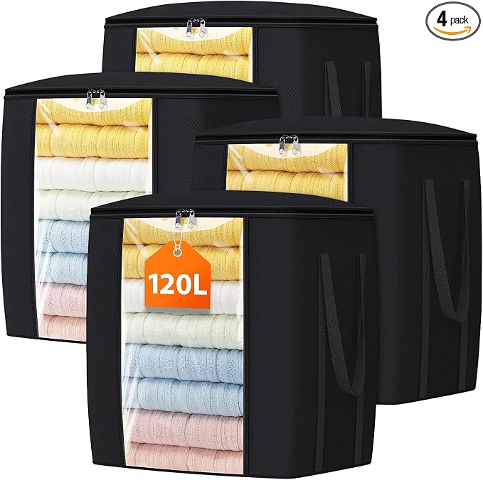 TasticTotes 120L Extra Large Clothes Storage Bags, Foldable Blanket Storage and Organization, Thick Fabric Containers with Reinforced Handles & Zippers for Clothing, Comforters, Bedding, Black, 4 Pack
