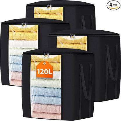 TasticTotes 120L Extra Large Clothes Storage Bags, Foldable Blanket Storage and Organization, Thick Fabric Containers with Reinforced Handles & Zippers for Clothing, Comforters, Bedding, Black, 4 Pack