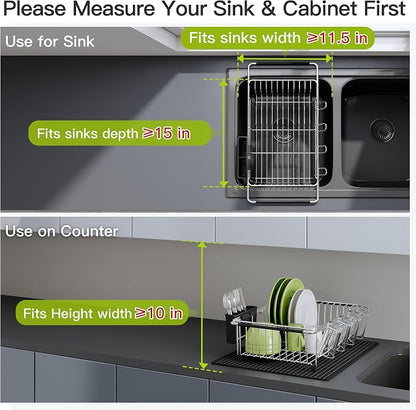 JASIWAY Dish Drying Rack in Sink with Mat, Expandable Stainless Steel Dish Drainers for Kitchen Counter, Space Saving Dish Dryer Rack for Inside Sink, Over Sink Dish Racks with Utensil Holder