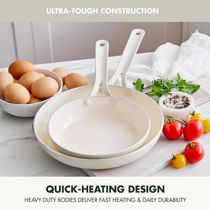 GreenPan Nova 2-Piece Nonstick Frying Pan Set, 8” & 10” Skillets, PFAS-Free Ceramic Cookware, Durable Fast Heating, Induction Ready, Omelet & Eggs, Oven Safe to 600F, Dishwasher Safe, Cream White