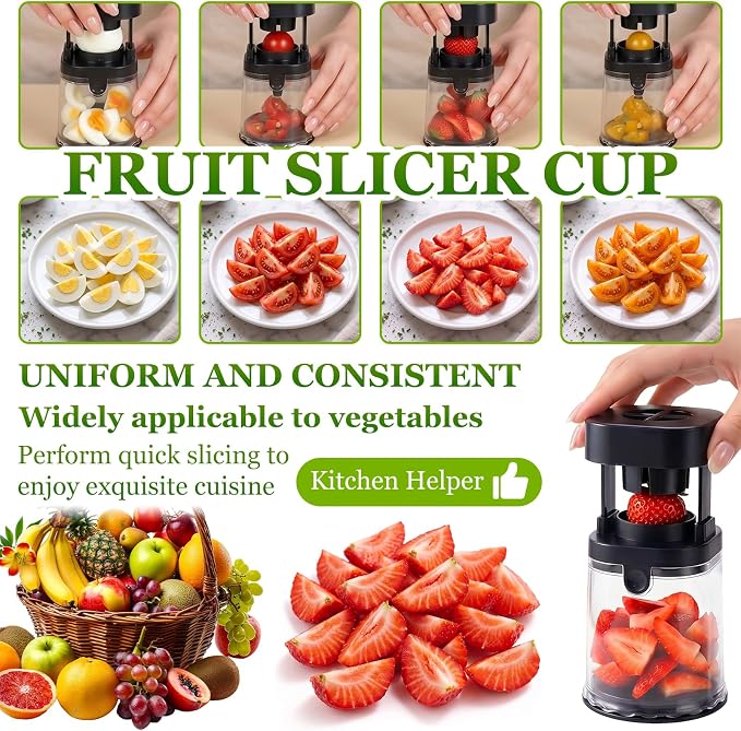 Mini Fruit Slicer Cup with Stainless Steel Blades, Strawberry Slicer & Grape Cutter, Push Type Fruit Cutter for Banana,Tomato,Blueberry & Egg,Reusable Fruit Chopper Kitchen Gadget,Quick Easy Slicing