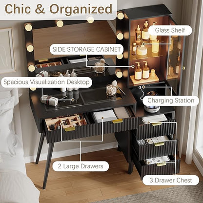 45'' Fluted Makeup Vanity Desk with LED Lights Mirror & Charging Station, Modern Glass Top Vanity Table with 5 Drawers & Glass Cabinet, Dressing Table for Bedroom, Living Room, Black