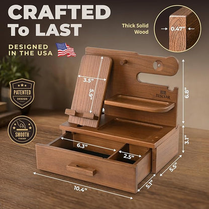 TESLYAR Wood Phone Docking Station with Drawer - Nightstand Organizer - Desk Organizer for Husband - Birthday Gifts for Men, Dad, Anniversary Idea, Key Holder Stand Watch & Accessories (Earth Beige)