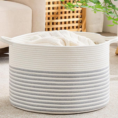 KAKAMAY Cotton Rope Storage Basket (20"x13"),Woven Hamper for Blankets,Toys,Pillows,Clothes,Laundry,Sturdy Handles Decorative Basket for Living Room, Bedroom,Nursery(Grey/Beige)
