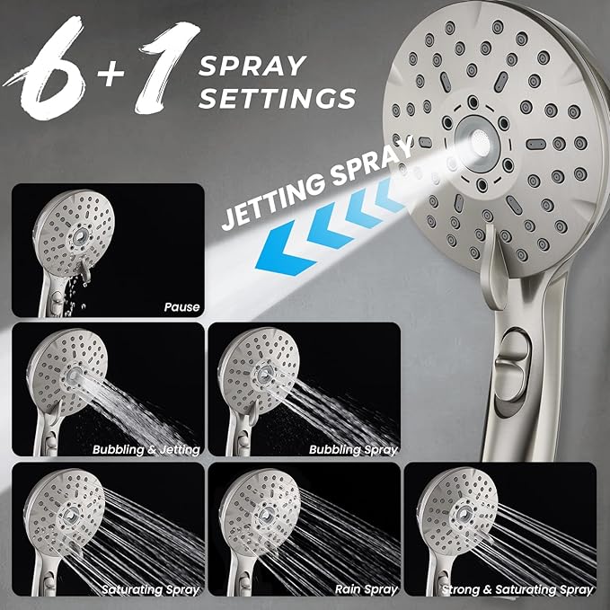 Ryamen Dual Shower Head Combo, 8'' High Pressure Rain Shower Head with Handheld Spray, 6+1 Spray Settings Handheld Showerhead, Height Adjustable, One-touch Pause Button, Brushed Nickel