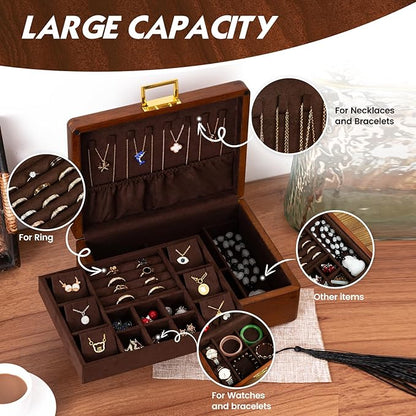 Solid Walnut Wood Jewelry Box with Lock,2 Layer Velvet Wood Jewelry Organizer Storage Lined for Earrings Rings Necklaces Bracelets Cufflink Gift Idea for Men Women, Vintage Brown