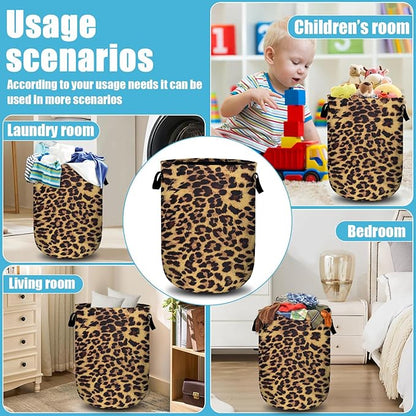 Brown Leopard Laundry Basket, Laundry Hamper Collapsible Oxford Cloth with Handle Clothes Toy Storage Bin for Bathroom Laundry Room Bedroom 15.7 X 20 Inch