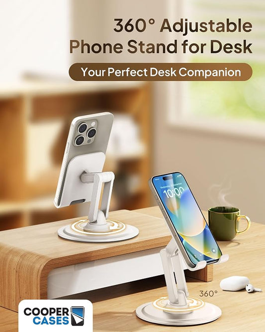 COOPER 360° Stand, Rotating Cell Phone Stand for Desk | Sturdy Metal Base, Foldable, Portable | Cell Phone Holder for Desk (Cream White)