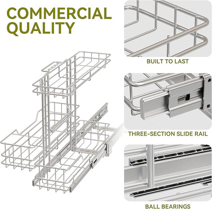 2 Tier Under Sink Organizer 11"W X18"D, Pull Out Cabinet Organizer One Removable Basket, Under Sink Slide Out Chrome Plated, Under Kitchen Bathroom Sink Organizer, 1 Pack