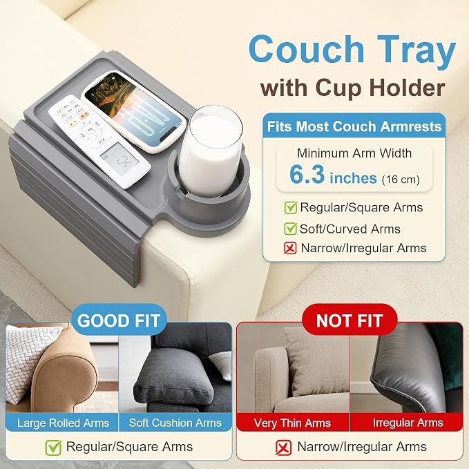 Couch Cup Holder - 3 in 1 Couch Arm Table Tray with 360° Rotating Cup Holder for Couch,Anti-Slip Arm Chair Rest Table for Large Wide Sofa Armrest, Foldable Side Table for Drinks Snacks