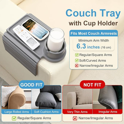 Couch Cup Holder - 3 in 1 Couch Arm Table Tray with 360° Rotating Cup Holder for Couch,Anti-Slip Arm Chair Rest Table for Large Wide Sofa Armrest, Foldable Side Table for Drinks Snacks