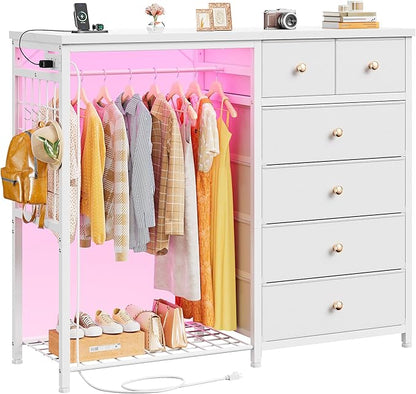 EnHomee 49.2" W Dresser with Hanging Rack & 6 Fabric Drawers for Bedroom, Featuring LED Lights and Charging Station, White Fabric Dressers & Chest of Drawers with Grid Panel & 4 Hooks, Wooden Top