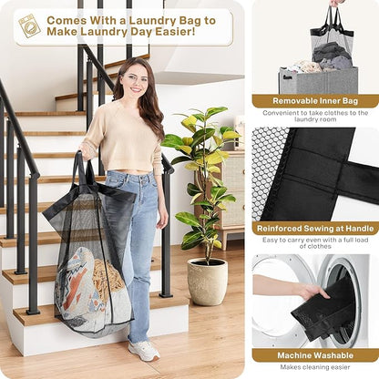 SOLEDI Double Laundry Hamper with Lid and Removable bag, Large Laundry Basket 2 Section with handles, Collapsible Dirty Clothes Hampers for Laundry, Bedroom, Dorm, College