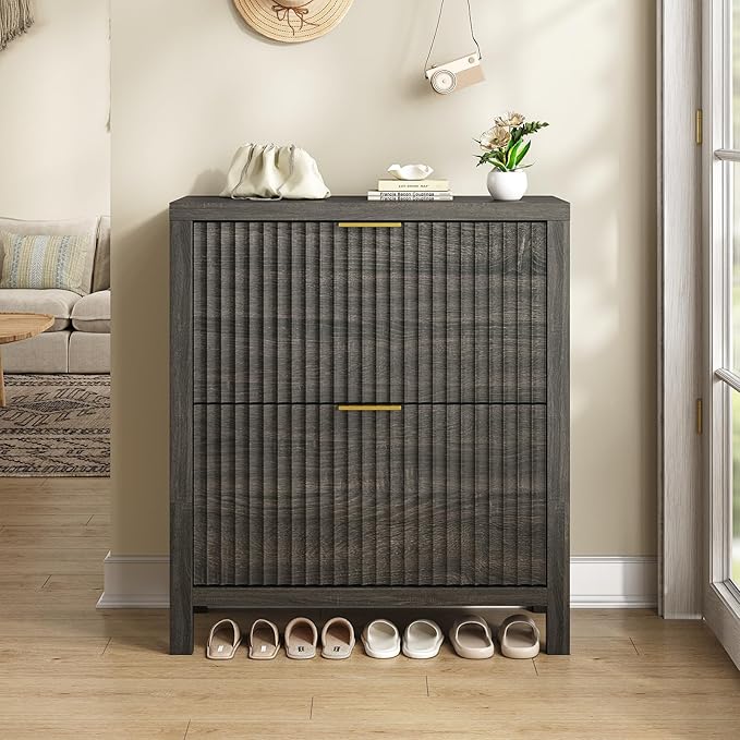 Shoe Cabinet Storage for Entryway, Fluted Shoe Cabinet with 2 Flip Drawers, Hidden Shoe Rack Tall Freestanding Shoe Organizer with Legs for Hallway, Dark Gray