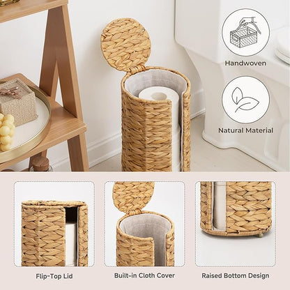 StorageWorks Water Hyacinth Free Standing Toilet Paper Holder Stand for Bathroom, 3 Rolls of Toilet Tissue Storage with a Built-in Cloth Lining, Toilet Roll Holder Stand with Lid (Pack of 2)