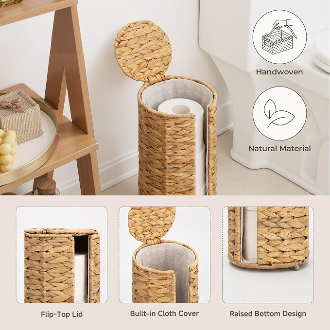 StorageWorks Water Hyacinth Free Standing Toilet Paper Holder Stand for Bathroom, 3 Rolls of Toilet Tissue Storage with a Built-in Cloth Lining, Toilet Roll Holder Stand with Lid