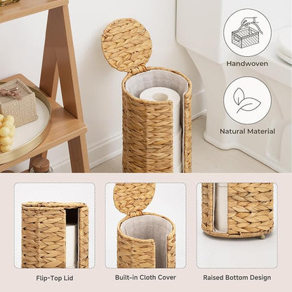 StorageWorks Water Hyacinth Free Standing Toilet Paper Holder Stand for Bathroom, 3 Rolls of Toilet Tissue Storage with a Built-in Cloth Lining, Toilet Roll Holder Stand with Lid