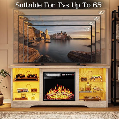VITESSE 58 Inches Fireplace TV Stand for TVs up to 65 Inches Console with 18'' Electric Fireplace & Remote,Wooden Modern Entertainment Center for Living Room with LED Light Glass Shelves（Bei）