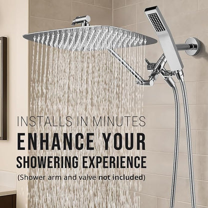 G-Promise All Metal 16 Inch Dual Square Shower Head with Handheld Spray Combo, Rain Shower Head, Adjustable Extension Arm, 3-Way Diverter, 71 Inch Extra Long Hose - A Bathroom Upgrade (Chrome)
