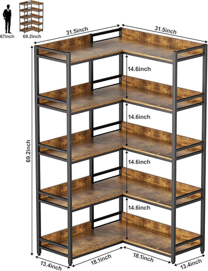 Large 5-Tier Corner Bookshelf - Modern Tall Corner Shelf Storage Display Rack with Sturdy Metal Frame - Perfect for Living Room, Home Office, Books and Decor Display