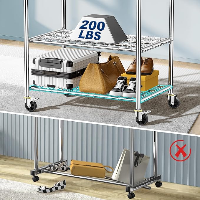 Heavy Duty Clothes Rack Up to 980 LBS, 100% Stainless Steel Rolling Clothing Rack with 2 Tier Shelves, Double Rod Garment Racks for Hanging Clothing, Extendable Rolling Clothes Rack with Wheels