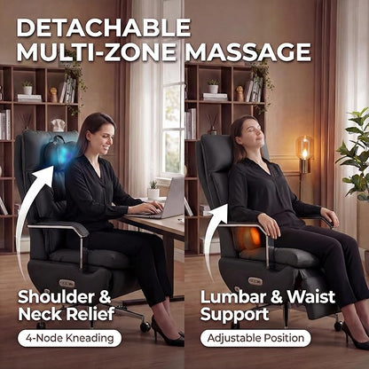 Dual Motor Executive Home Reclining Office Chair with Footrest - One-Click Electric Recline with Massage & Pillow Support Big and Tall PU Leather Ergonomic Desk Chair, High Back Wide Seat (Black)