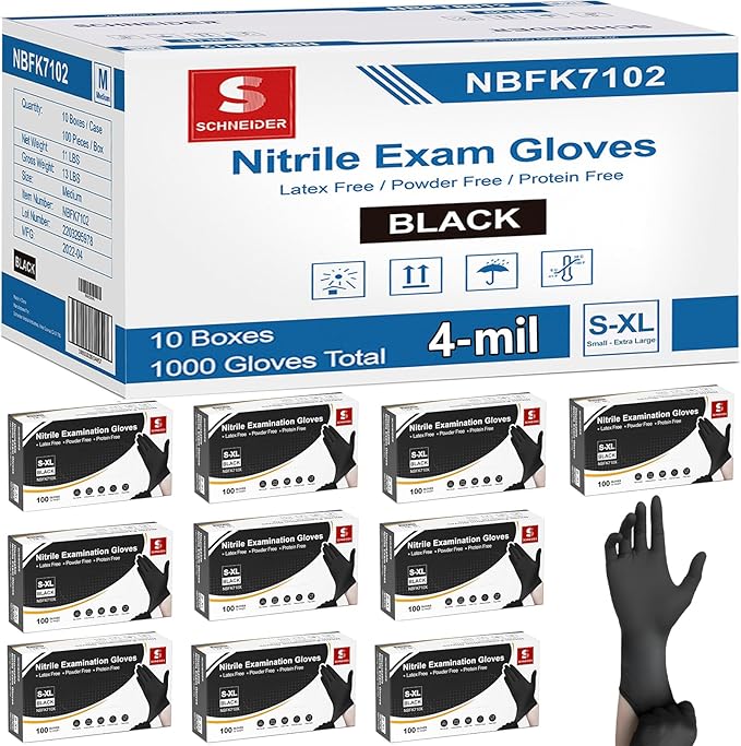 Schneider Medical Nitrile Exam Gloves, 4 Mil Black Gloves Disposable Latex Free Powder Free, Food Safe for Cooking, Food Prep