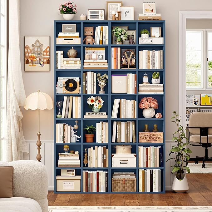 FOTOSOK 71'' Tall Bookshelf Set of 2, 7 Tier Large Bookshelf with Adjustable Shelves, Wide Bookcases and Bookshelf, DVD/CD Media Tower Storage, Cube Book Shelf Display Storage Cabinet, Blue