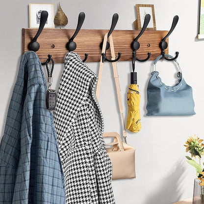 Kuhome 2pcs Coat Rack Wall Mount Wooden Hat Rack for Wall Hooks Pine Real Wood Plank 16.9" Brown Coat Hanger with 5 Triple Hooks for Hanging Coat Hat Jacket