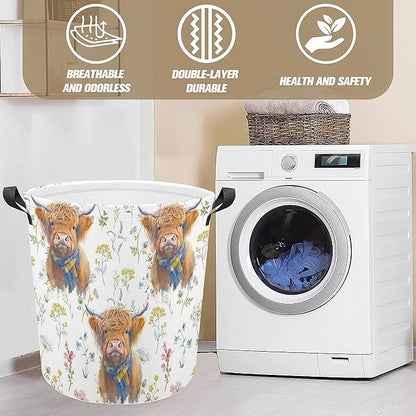 Highland Cow Laundry Basket Flower Foldable Oxford Cloth Funny Tote Bag Laundry Hamper Clothes Storage Bucket Organizer For Bathroom/Laundry Storage/Bedroom Storage Basket 17.7x13.7