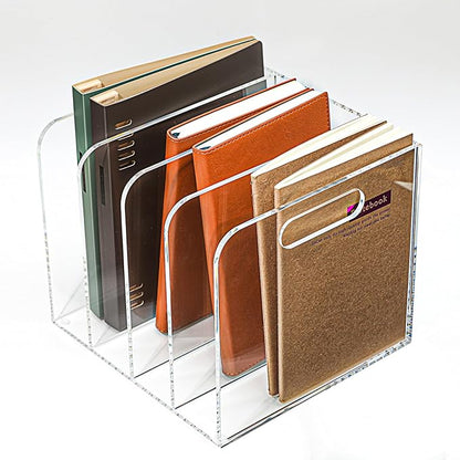 Acrylic Magazine File Holder, 4 Vertical Compartments Desk Document Sorter Organizer, Clear Folder Rack Binder for Office/Documents/Classroom, for Home, Tablet, Magazines, Books & Accessories