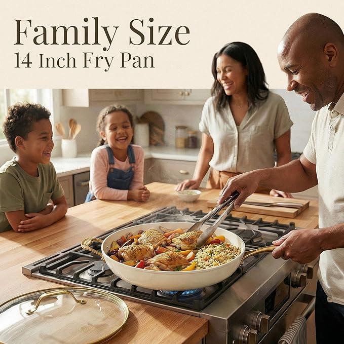GOTHAM STEEL 14 Inch Frying Pan with Lid, Ceramic Nonstick Skillet, Non Toxic PFOA PFOS Free, Extra Large for Family, Dishwasher & Oven Safe 500°F, Cream