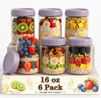 16 oz Overnight Oats Containers with Lids, 6 Pack Wide Mouth Mason Jar with Lid, Yogurt Containers with Lids for Kitchen, Glass Jars for Storage, Pudding, Chia, Prep, Snack, Sugar, (Purple)