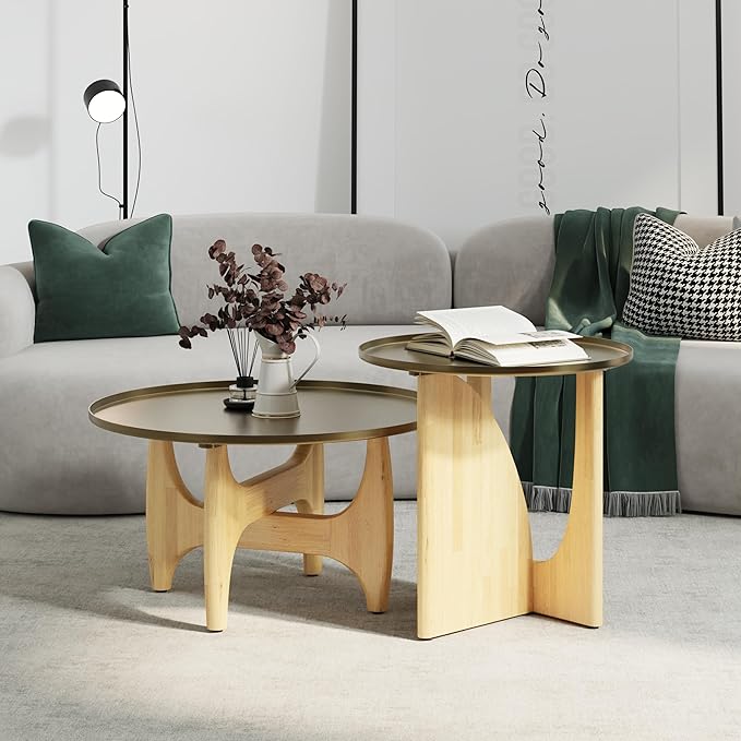 ACEDÉCOR Living Room Table Set of 3, Solid Wood Coffee Table Set with Tray Top and X-Base, Luxurious Brushed Gold Coffee Table Set with 2 End Tables for Living Room Apartment