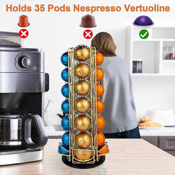 Coffee Pod Holder Carousel Organizer for Nespresso - 35 Capsule Coffee Pod Holder with 360° Rotation, Space-Saving Design for Kitchen Countertops (Gold)