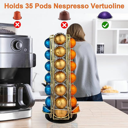 Coffee Pod Holder Carousel Organizer for Nespresso - 35 Capsule Coffee Pod Holder with 360° Rotation, Space-Saving Design for Kitchen Countertops (Gold)