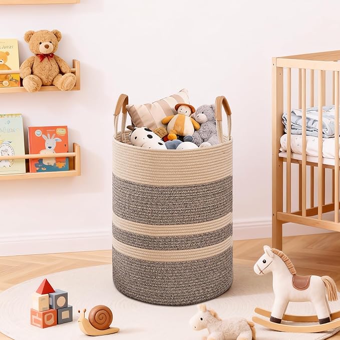 Degeyoyo 75L Striped Laundry Basket, Dark Brown Laundry Hamper with Leather Handles, Woven Cotton Rope Storage Bin for Blankets, Nursery Hamper for Clothes, Toys In Bathroom, Livingroom, Bedroom
