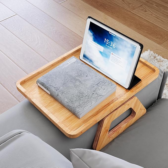 Couch Arm Tray,Bamboo Folding Sofa Tray,Sofa Armrest Trays Clip-On Couch Desk for Drinks,Snacks,Phone,Remote Control（Natural）