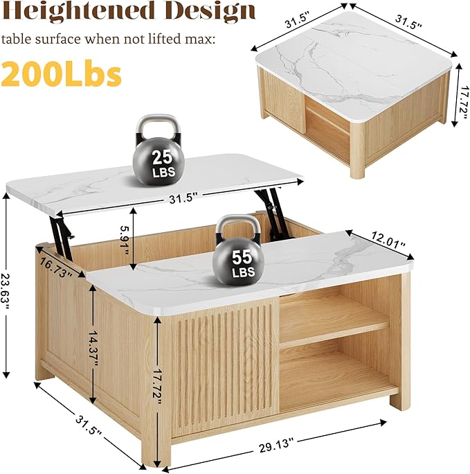Lift Top Coffee Table with Storage, 31.5" Mid Century Modern Square Coffee Tables for Living Room, Large Hidden Storage Compartment, Adjustable Shelves & Sliding Door, Oak