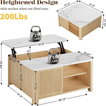 Lift Top Coffee Table with Storage, 31.5" Mid Century Modern Square Coffee Tables for Living Room, Large Hidden Storage Compartment, Adjustable Shelves & Sliding Door, Oak
