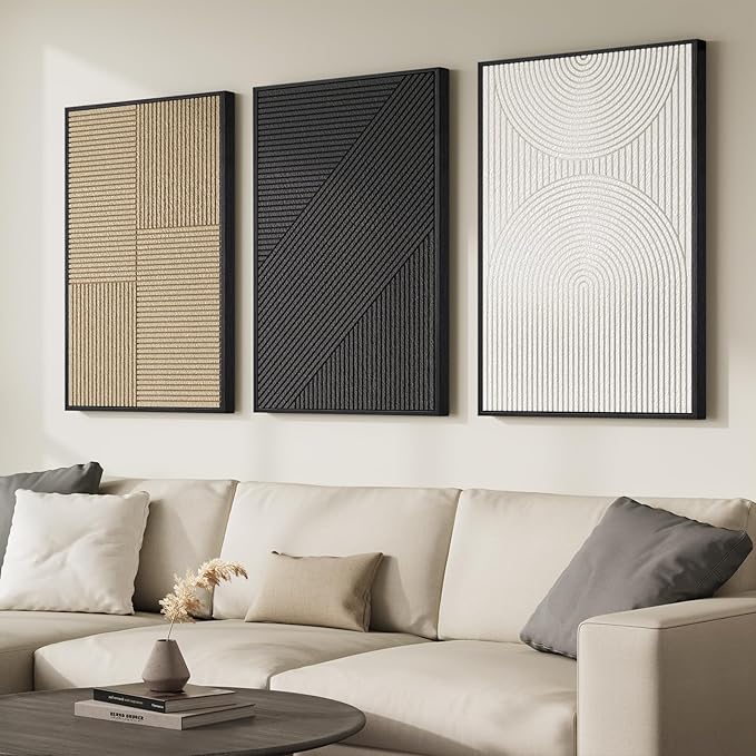 Framed 3D Textured Black and White Abstract Wall Art for Living Room, Large 3 Piece Boho Modern Artworks, Minimalist Brown Geometric Sandstone Prints for Entryway Hallway Office Wall Decor, 24x36 In