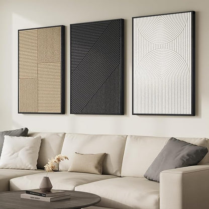 Framed 3D Textured Black and White Abstract Wall Art for Living Room, Large 3 Piece Boho Modern Artworks, Minimalist Brown Geometric Sandstone Prints for Entryway Hallway Office Wall Decor, 24x36 In