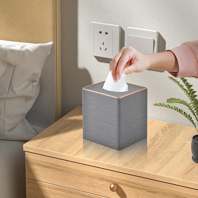 RHCSZ Linen Square Tissue Box Holder Cube Tissue Box Cover－Rosegold Leather Recorate,Napkin Holder Case Dispenser, Tissue Holders with Magnetic Bottom for Home Office Car Hotel Restaurant,Grey