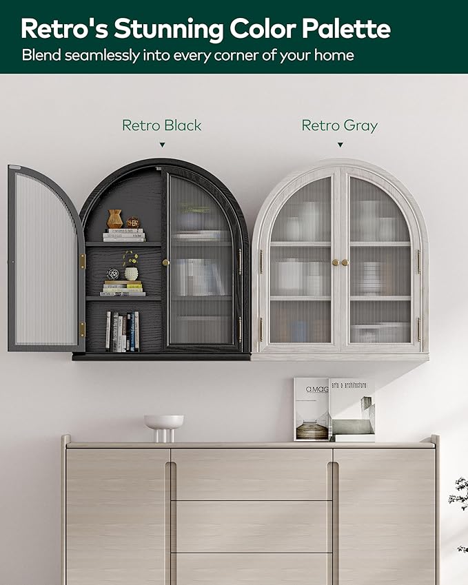 Chogori Arched Bathroom Wall Cabinet, 27x24x9 Inch Over The Toilet Storage Cabinet with Acrylic Doors & 3 Adjustable Shelves, Wall Mounted Cabinet for Bathroom, Kitchen, Laundry Room, 2PCS, Gray