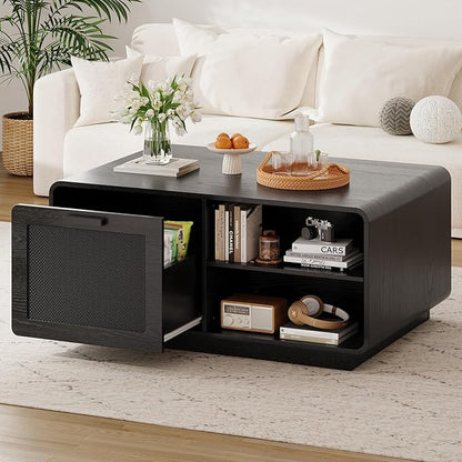 LIKIMIO 39.4" Rattan Coffee Table with Storage Drawers, Safety Curved Corners & 4-Tier Adjustable Shelves, Sturdy Base, Wood Center Table for Living Room, Black