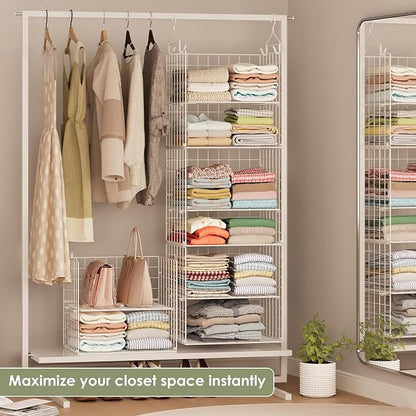 X-cosrack 8-Tier Closet Hanging Organizer Shelf - Hanging Clothes Organizer Shelves, Metal & Foldable Hanging Closet Organizer Baskets with Adjustable Dividers for Clothing Sweaters Shoes Handbags